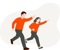 実務での対話や徹底伴走を表す、PCを持つ人と身振りで話す人の2人のイラスト