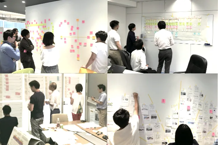 壁一面に貼られた大量の付箋やデザイン資料を前に、メンバーが立って議論やアイデア出しを行っている4つのワークショップ風景のコラージュ画像