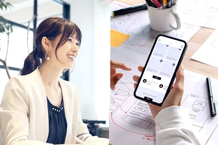 笑顔で話す女性スタッフのポートレートと、Webサイトの制作実績などを組み合わせたメインビジュアル風のコラージュ画像